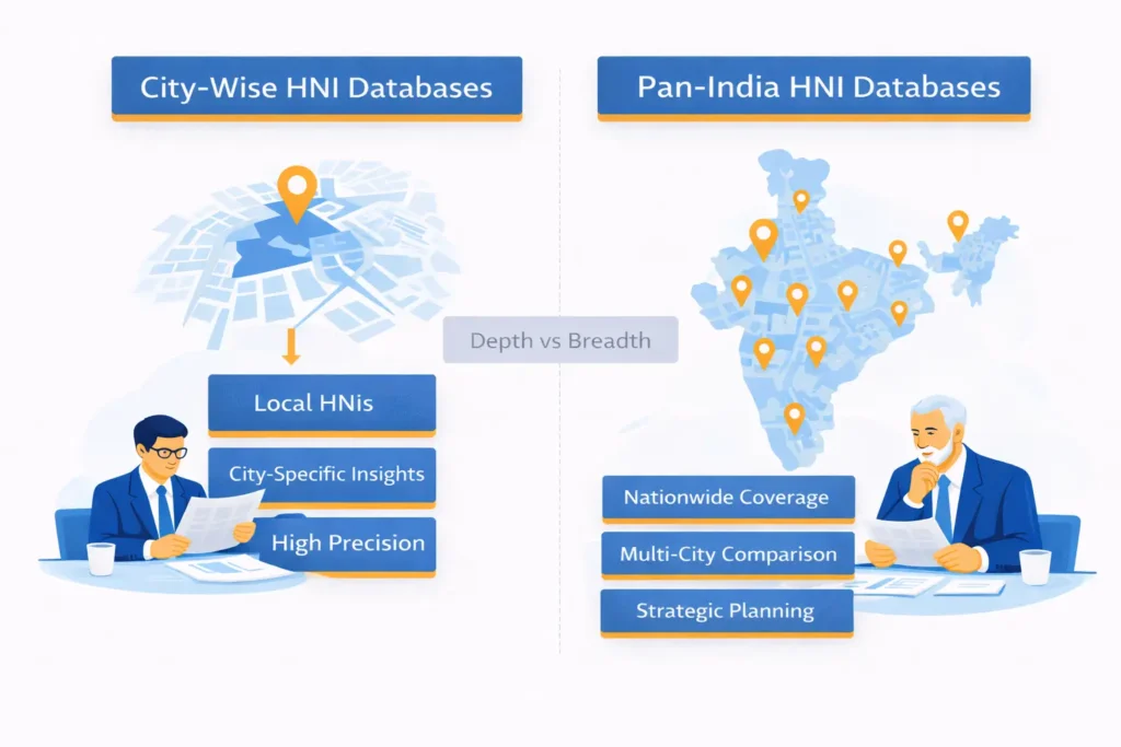 City-wise vs pan-India HNI databases comparison showing focused city data versus nationwide HNI coverage.