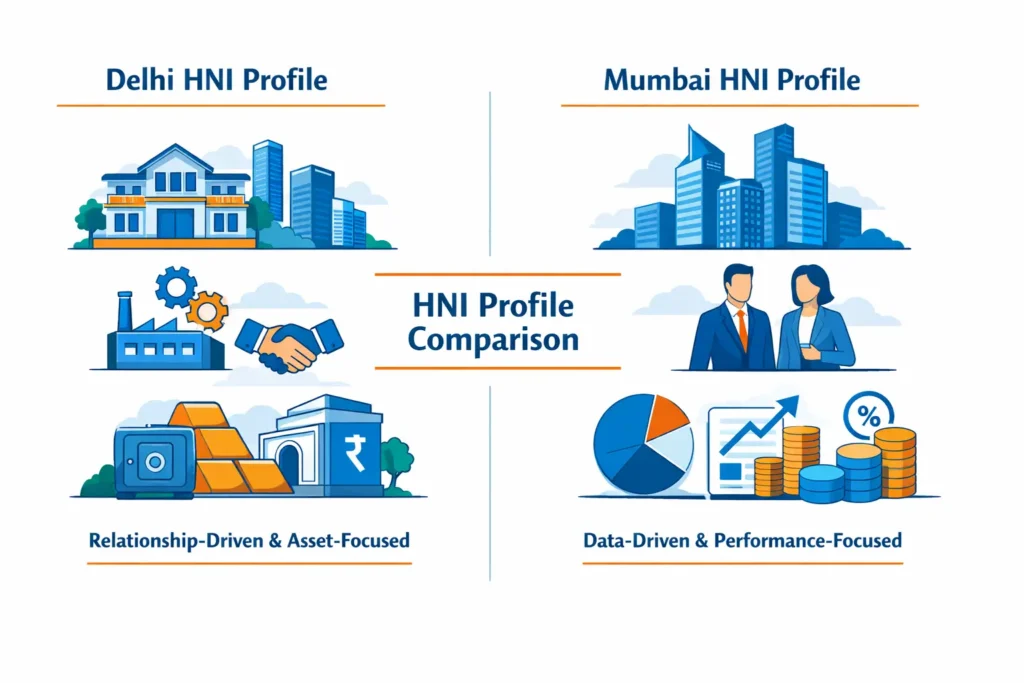 Comparison of Delhi vs Mumbai HNI profiles showing differences in wealth behavior and investment patterns.