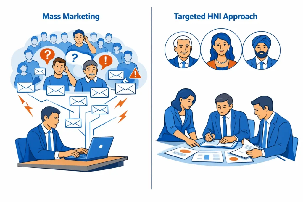 Illustration explaining why HNI databases do not work for mass marketing in India