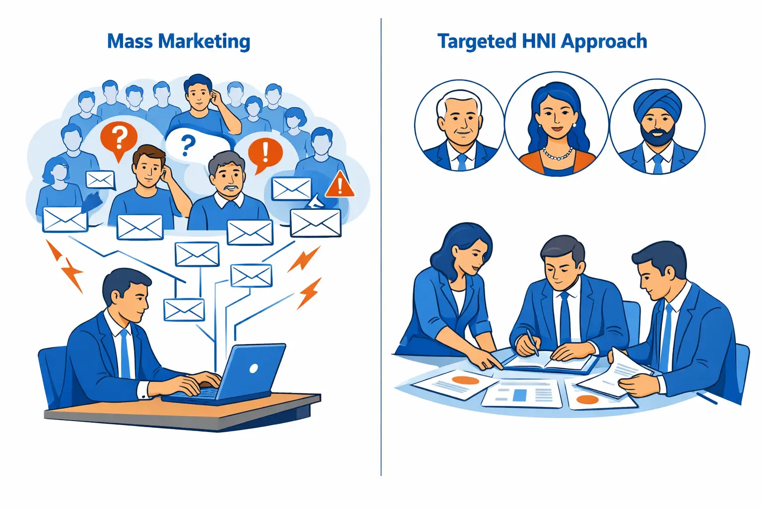 Illustration explaining why HNI databases do not work for mass marketing in India