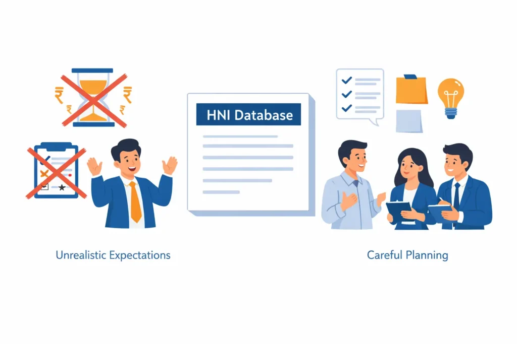 Illustration showing common mistakes businesses make before buying an HNI database in India
