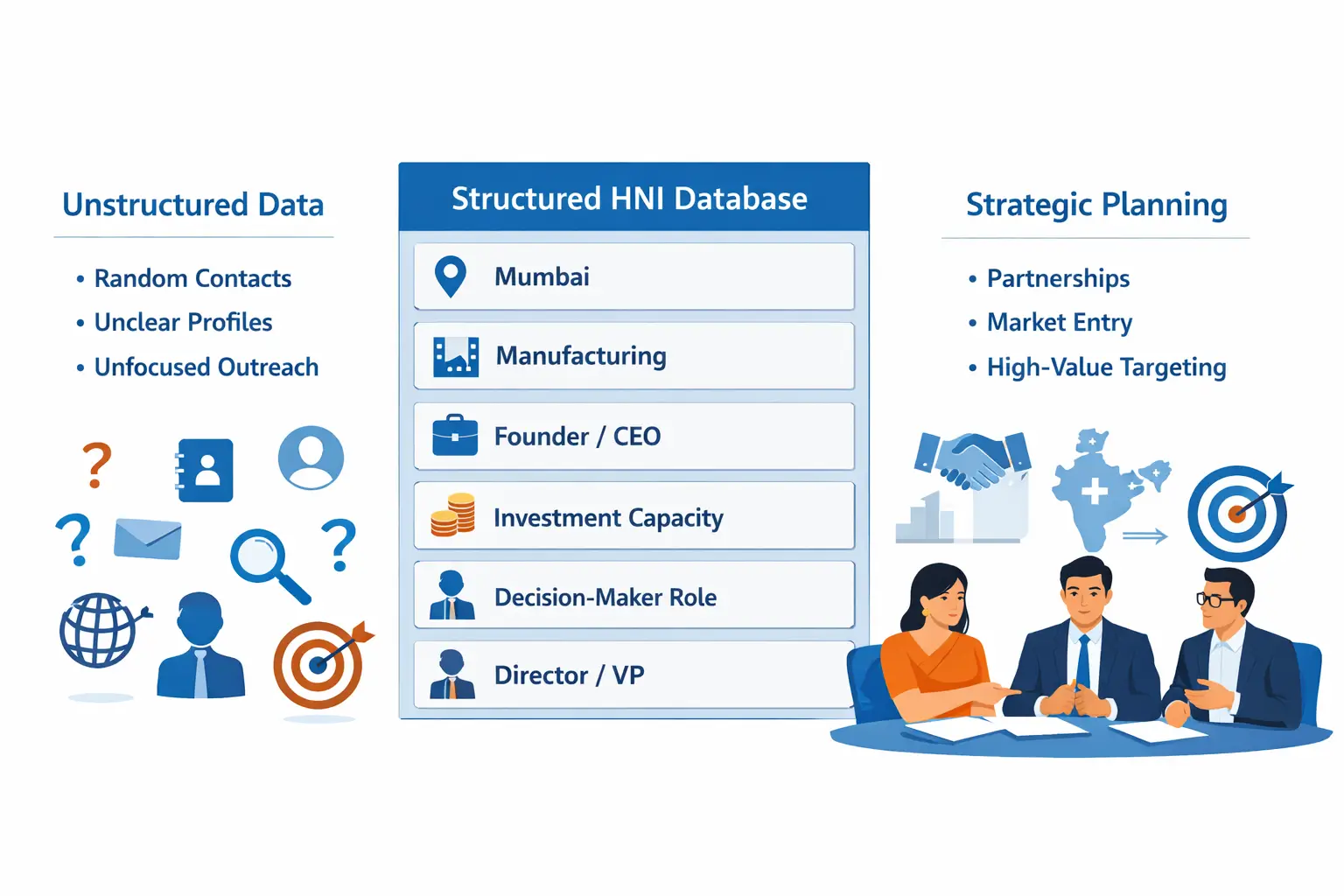 Illustration showing how high-ticket B2B companies in India use structured HNI databases to identify, profile, and plan engagement with high-value individuals.