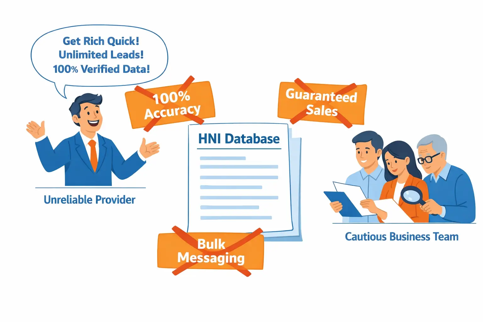 Illustration showing warning signs of an unreliable HNI data provider in India