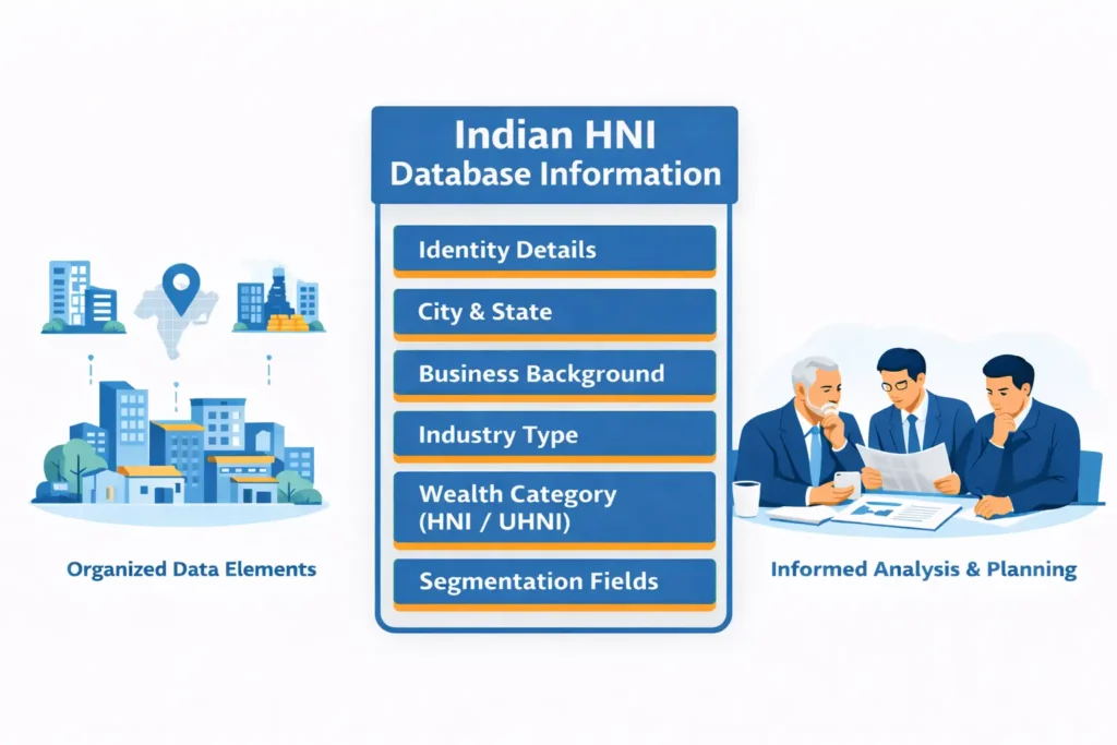 Indian HNI database information showing structured business details, location data, and wealth segmentation.