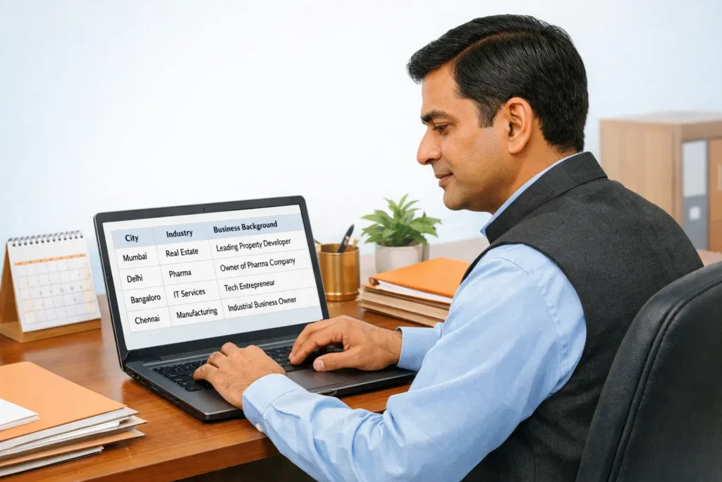 Indian business professional reviewing HNI data for compliant planning