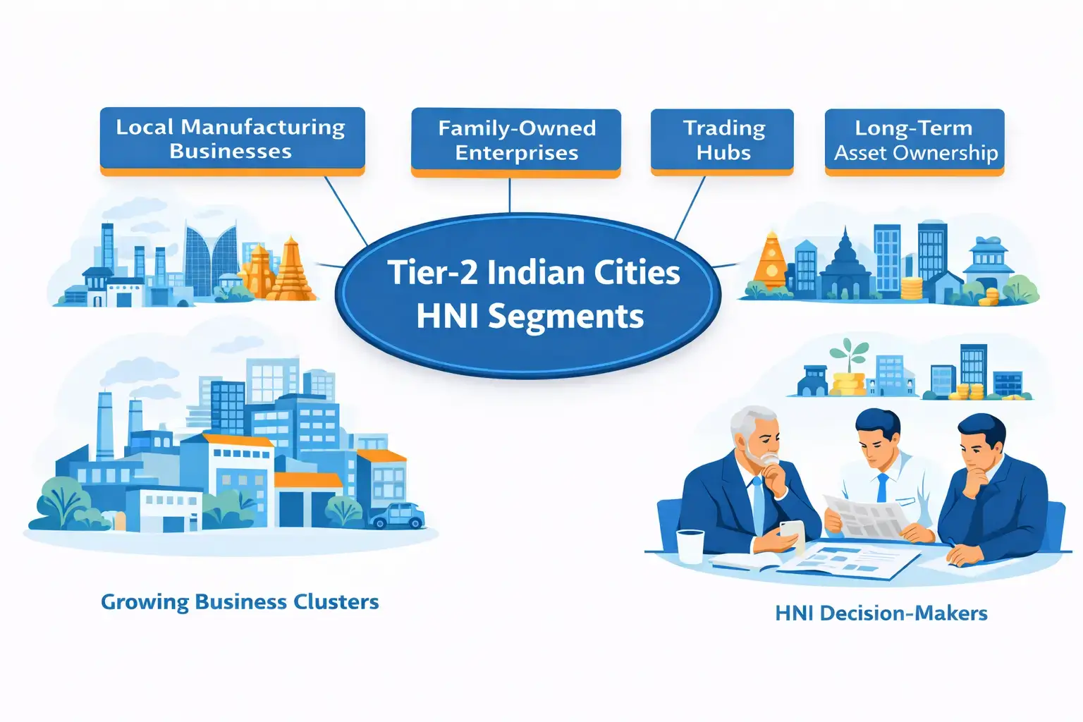 Tier-2 Indian cities HNI segments showing emerging wealth, business growth, and regional investment patterns.