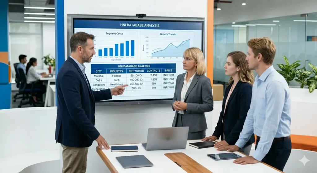 Business executives analyzing HNI database pricing and cost breakdown in India